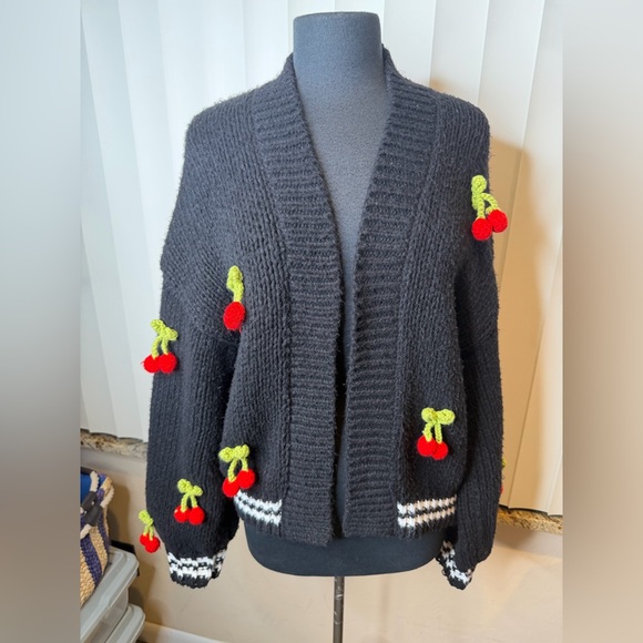 Maeve Anthropologie Black Cherry Appliqué Open-Front Women's Sweater One Size - Picture 5 of 10